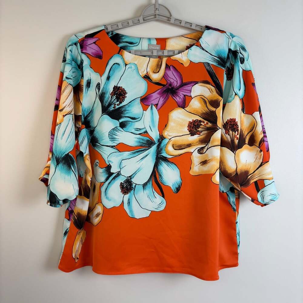 Chico's bold floral tunic womens XL 16/18 orange blue flowy stretch